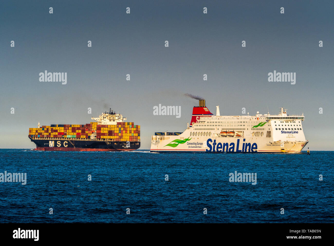 Stena Line ferry Stena Britannica entrant Harwich Port sur un voyage de Hook of Holland passe le porte-conteneurs MSC Genève quittant le port de Felixstowe Banque D'Images