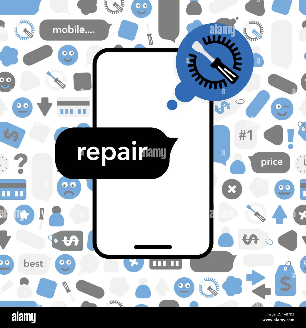 Notion de réparation de téléphones mobiles. L'icône de téléphone avec des éléments abstraits, icônes et bulle de chat. Illustration bannière dans un style moderne sur modèle. Illustration de Vecteur