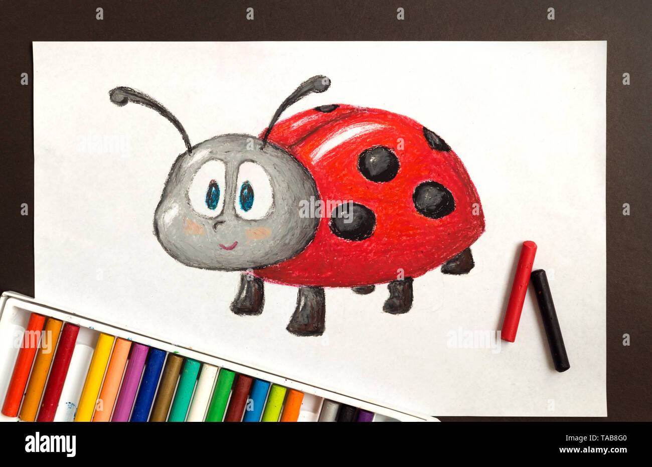 Dessin au pastel crayon coccinelle mignonne Banque D'Images