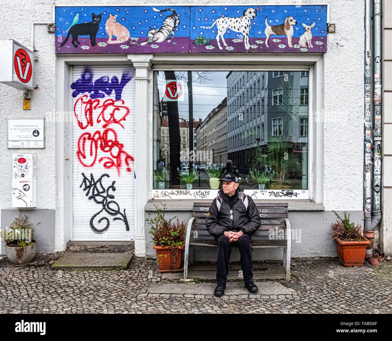 Hauts homme âgé assis sur un banc à l'extérieur d'un cabinet vétérinaire à Mitte, Berlin Banque D'Images
