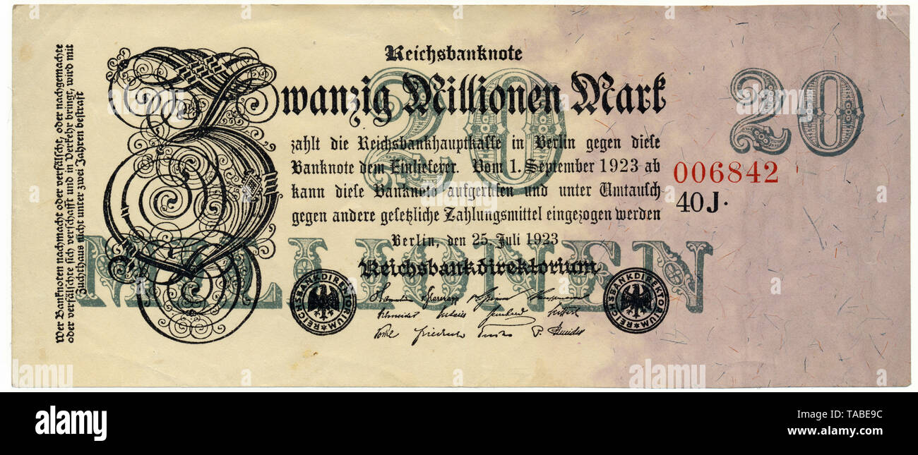 Historischer Geldschein, Reichsbanknote 20 Millionen Mark, 1923, Deutschland, Europa, Inflationsgeld Banque D'Images