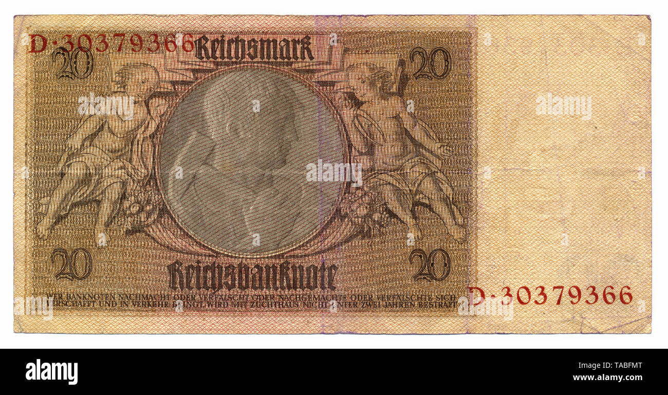 Billet de retour de Reichsbank, Rückseite, Reichsbanknote, 20 RM (reichsmark), 1929, Deutschland, Europa Banque D'Images
