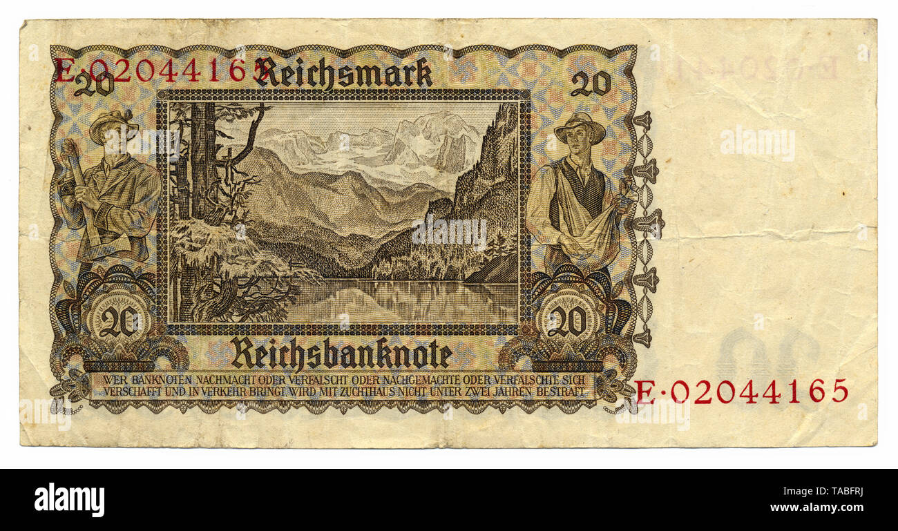 Billet de retour de Reichsbank, Rückseite, Reichsbanknote, 20 RM (reichsmark), 1939, Deutschland, Europa Banque D'Images