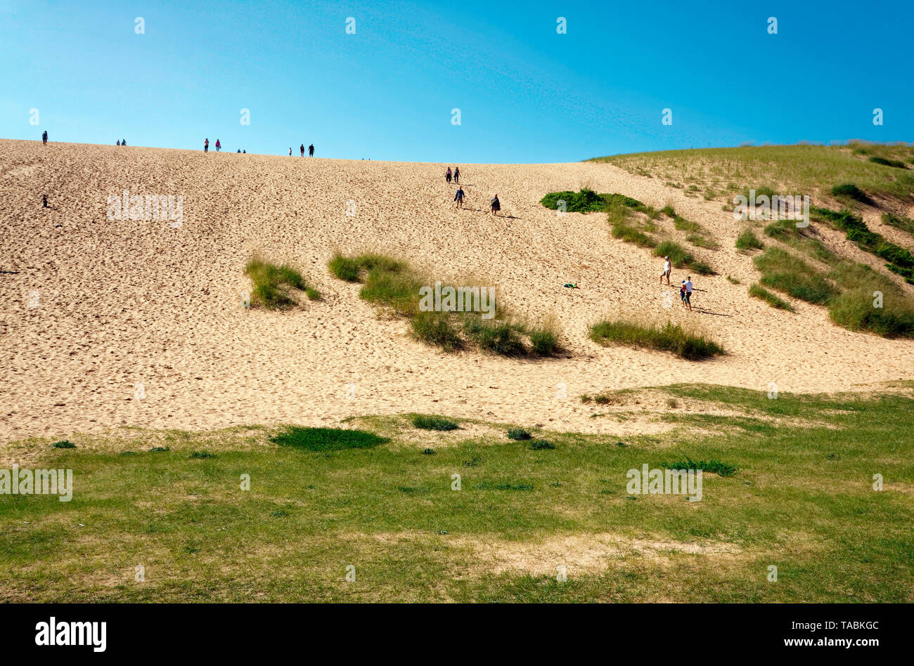 La montée des dunes ; haute dune de sable ; les gens de marcher ; l'exercice intense ; Sleeping Bear Dunes National Lakeshore ; Michigan ; Empire ; MI ; été ; horizontal Banque D'Images