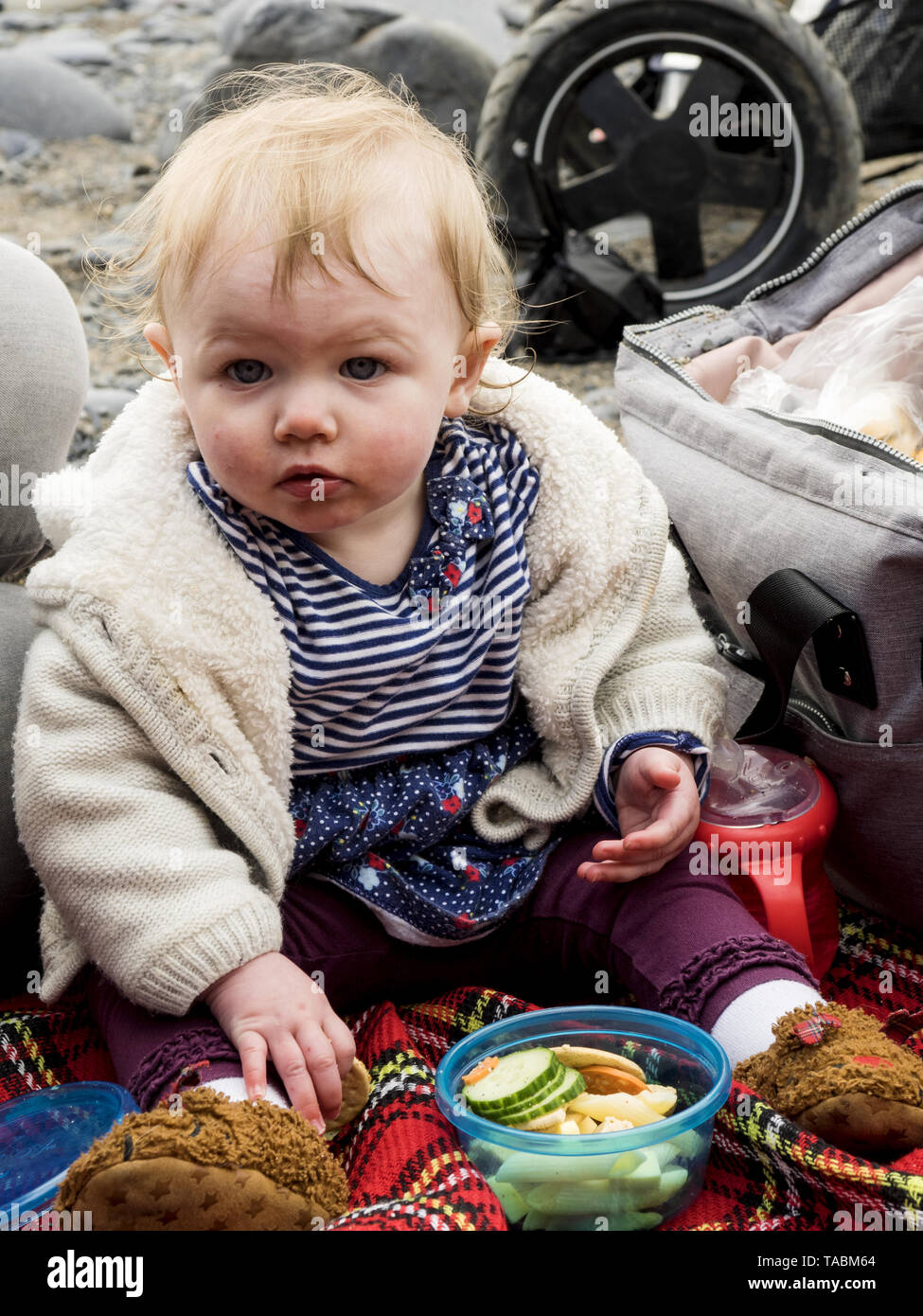 Bébé faire un pique-nique à la plage, UK Banque D'Images