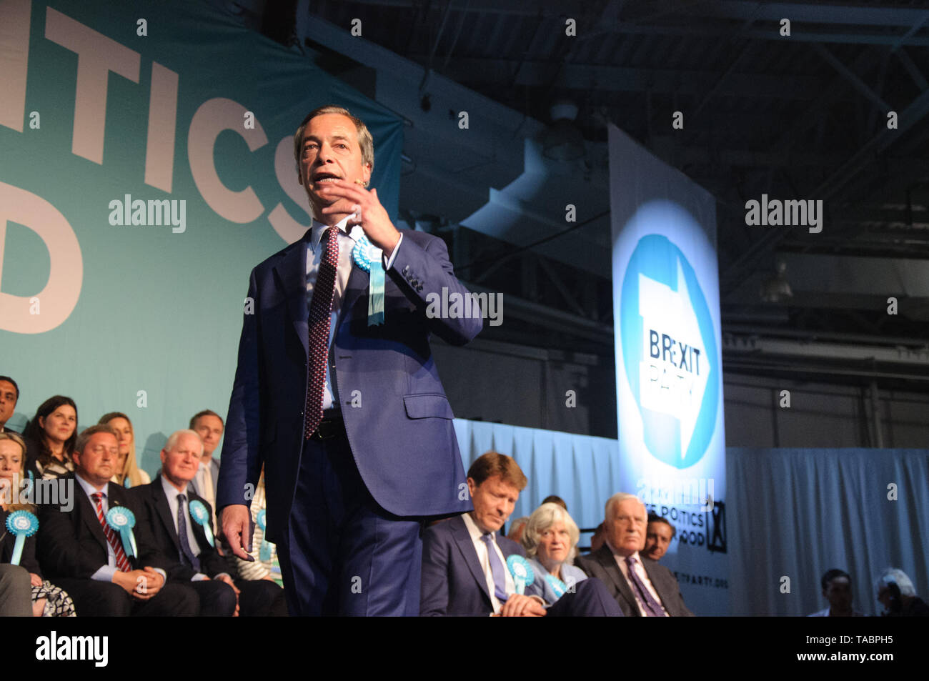 Nigel Farage sur la partie Brexit rassemblement à Londres Olympia le 21 mai 2019 avant les élections au Parlement européen vote sur le 23 mai Banque D'Images