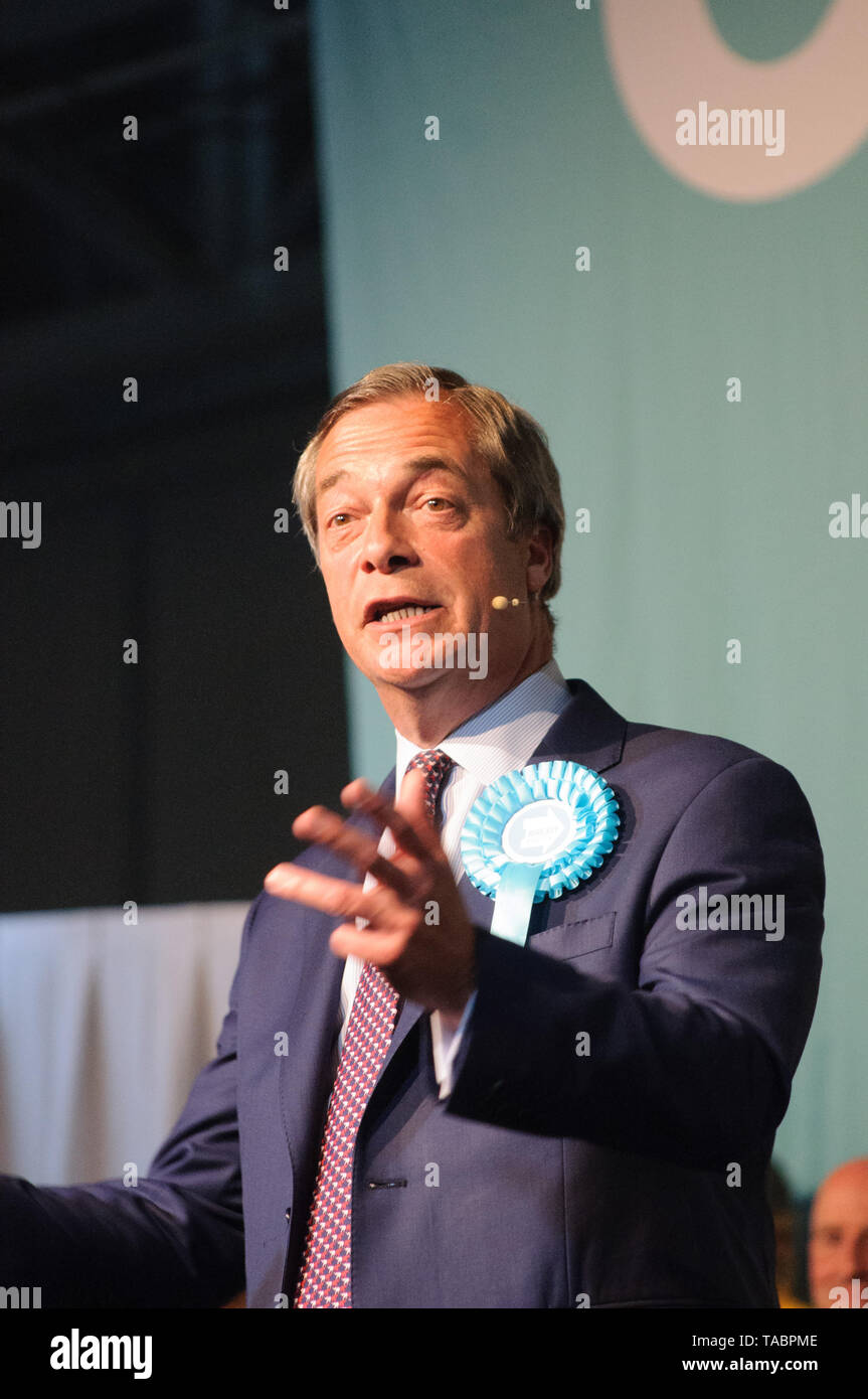 Nigel Farage sur la partie Brexit rassemblement à Londres Olympia le 21 mai 2019 avant les élections au Parlement européen vote sur le 23 mai Banque D'Images