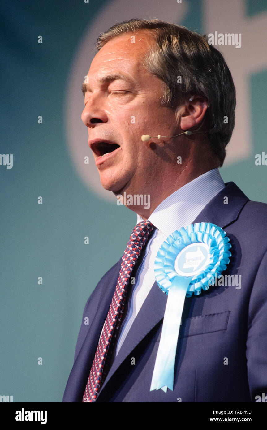 Nigel Farage sur la partie Brexit rassemblement à Londres Olympia le 21 mai 2019 avant les élections au Parlement européen vote sur le 23 mai Banque D'Images