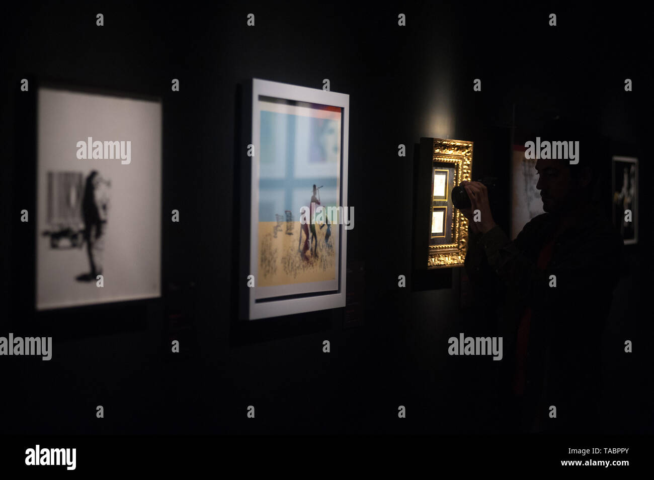 Un visiteurs vu prendre des photos d'un tableau pendant l'exposition. L'art de Banksy "protester" au centre culturel 'La Térmica' est une exposition montrant pour la première fois à Malaga. le travail du célèbre artiste de rue britannique et mystérieux Banksy', 'Afficher plus de 40 originaux créations telles œuvres, sculptures, vidéos et photographies fournir par des collections privées y compris l'impression originale de 'Niña con globo'. Banque D'Images