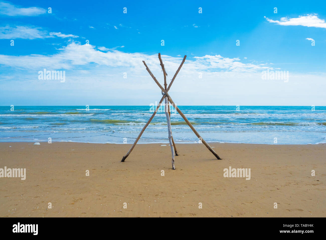 (Italie) - La plage de sable de touristique Abruzzes avec la grande forêt de pins et la célèbre tour château appelé Torre di Cerrano Banque D'Images