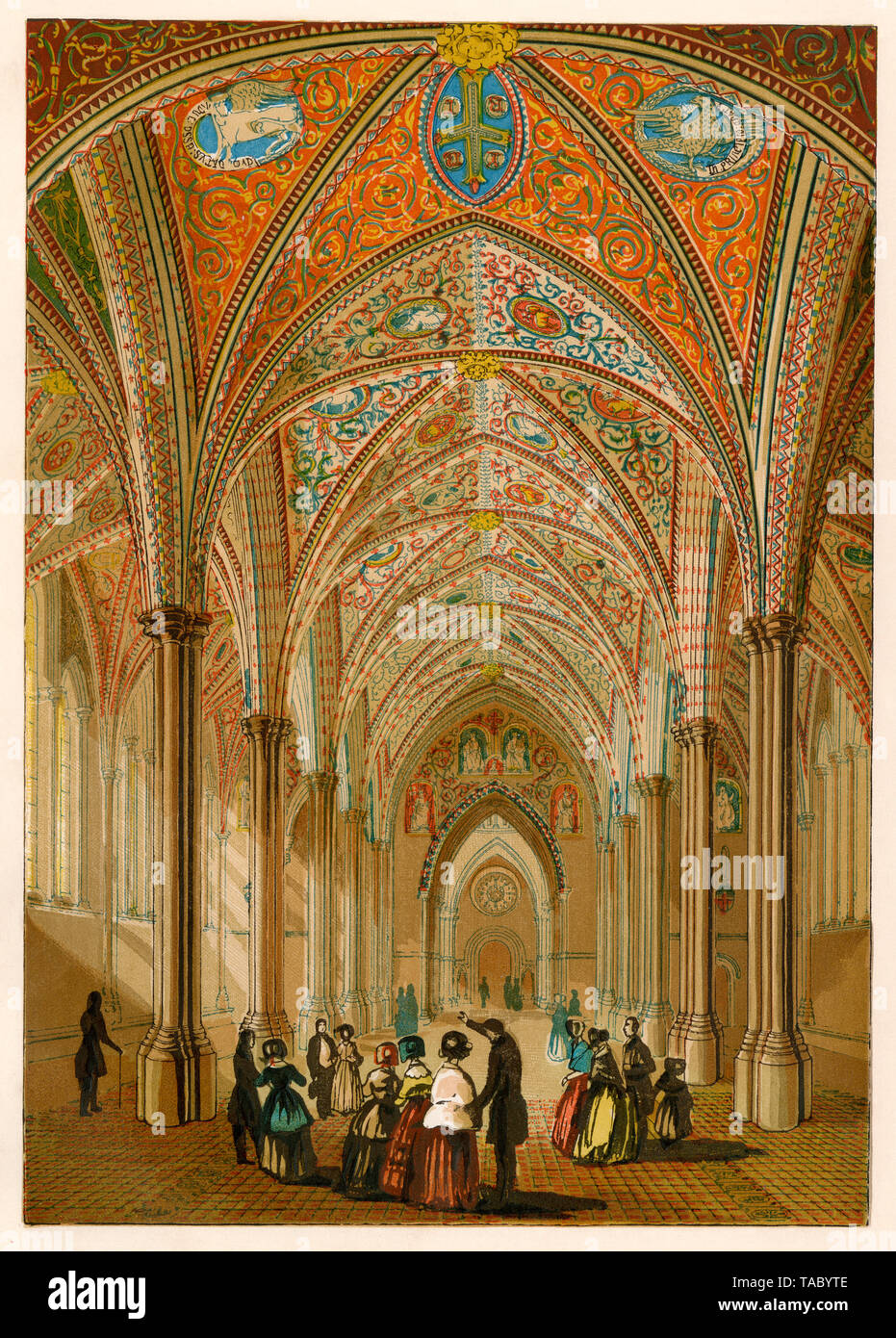 L'intérieur de la cité médiévale de l'église du Temple à Londres, vue dans les années 1800. Lithographie couleur Banque D'Images