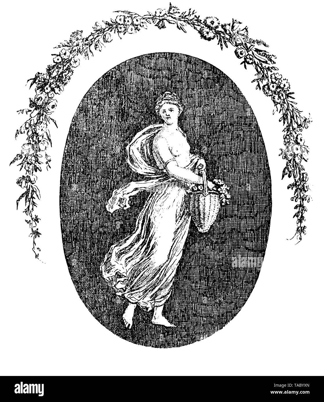 Typographie, chapitre frontispice avec figure mythologique d'une fille avec un panier de fleurs par Salomon Gessner 18e siècle Banque D'Images