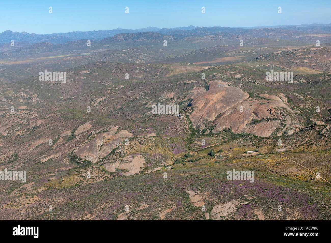 Vue aérienne du paysage au sud de la ville de Springbok dans la province du Cap du Nord de l'Afrique du Sud. Banque D'Images