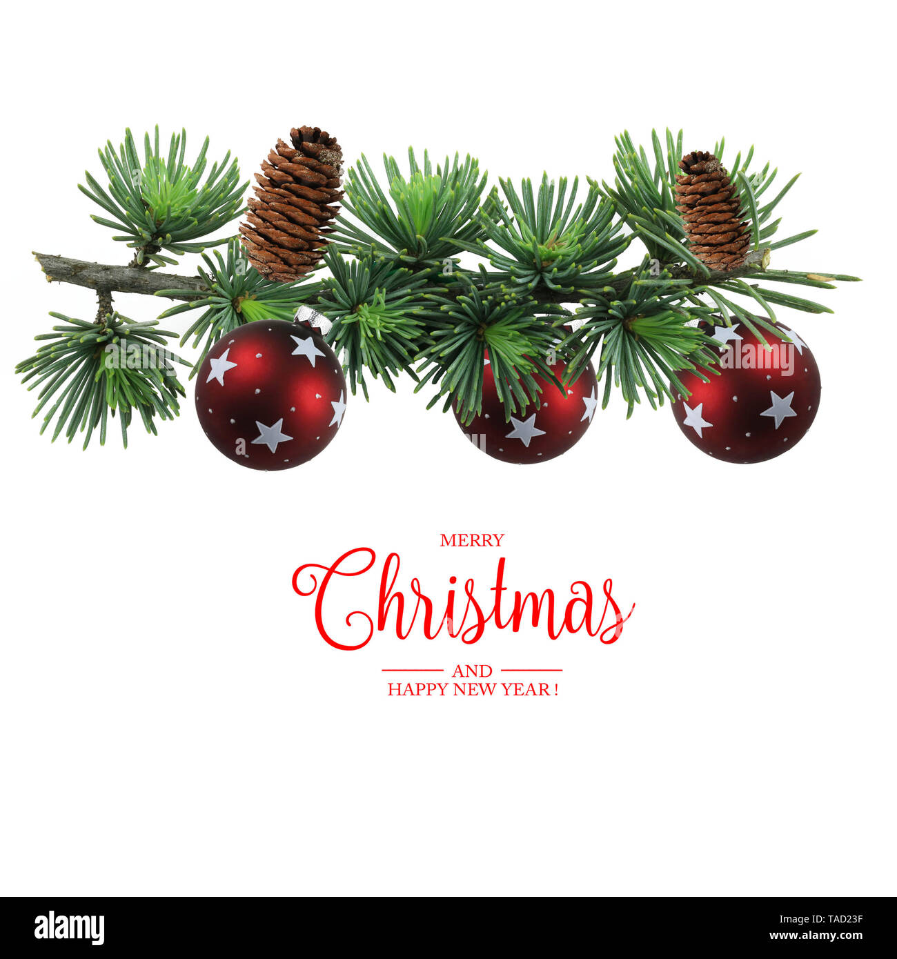 Joyeux Noël carte de voeux. Vue de dessus de décorations de Noël et Joyeux Noël texte italien sur fond blanc Banque D'Images