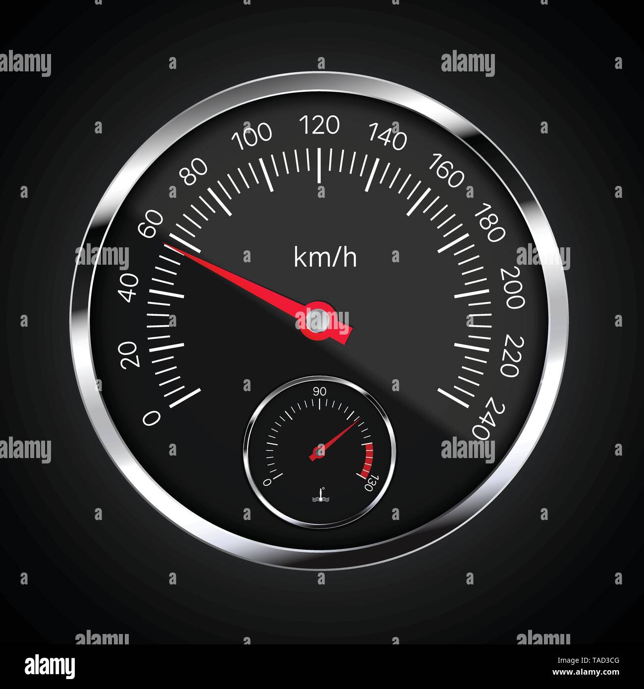 Illustration réaliste de compteur avec aiguille rouge, blanc et numéros de châssis circulaire chrome. Indicateur de niveau de carburant du réservoir et sur fond noir - vecto Illustration de Vecteur