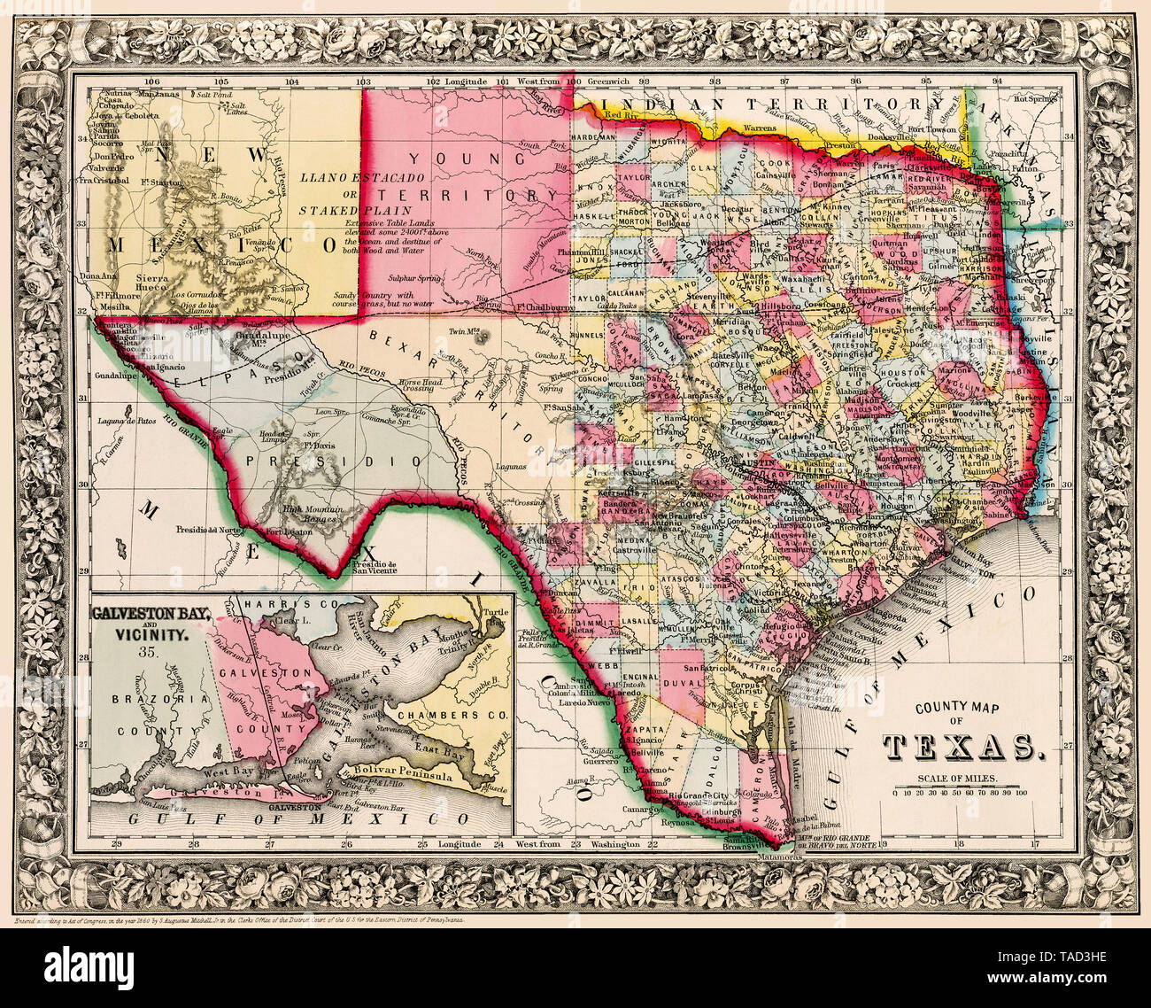 Carte historique détaillée et ancienne du Texas notant des comtés en 1863, la reproduction restaurée. Entouré d'une bordure fleurie décorative. Banque D'Images