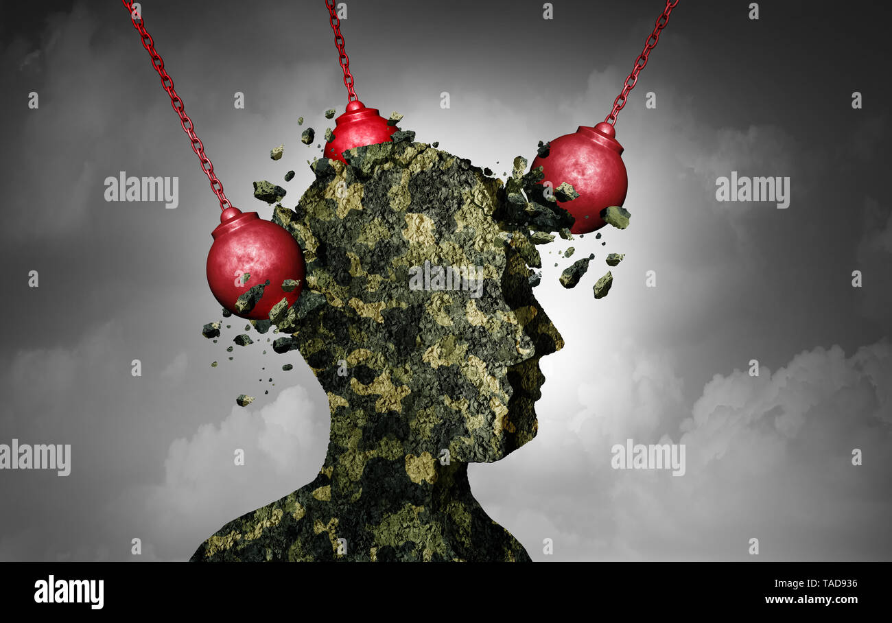 Stress et souffrance soldat militaire PTSD ou trouble de stress post-traumatique et de la guerre contre l'anxiété et de l'infanterie, et d'un des problèmes de santé mentale. Banque D'Images