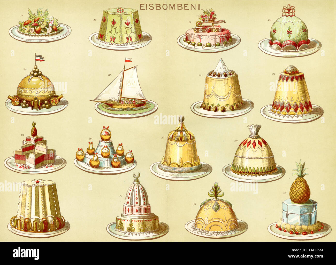 Bombes de glace. 17 bombe de glace bol avec champignons, 18 bombes de glace glace princière, pudding 19 bombe de glace transport avec des roses, 20 bombe de glace printanière, 21 bombe de glace glace 22 Sedan, voilier, 23 bombe bombe bombe de glace, bella 24 bombe de glace abricot, glace fondant 25 bombe Ambrosia, 26 paniers sur Orange bombe glace ice block, 27 orange ice bombe, bombe de glace 28, 29 idéal glace marshall, 30 bombe bombe glace cône de glace Oriental, 31 bombe de glace Mignon, 32 bombe de glace ananas sur un bloc de glace , Karl Scharrer (, ) Banque D'Images