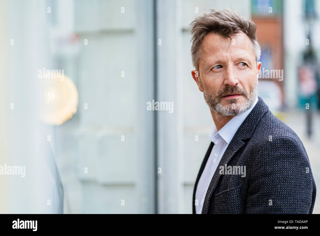 Portrait of mature businessman avec barbe grisonnant regardant quelque chose Banque D'Images
