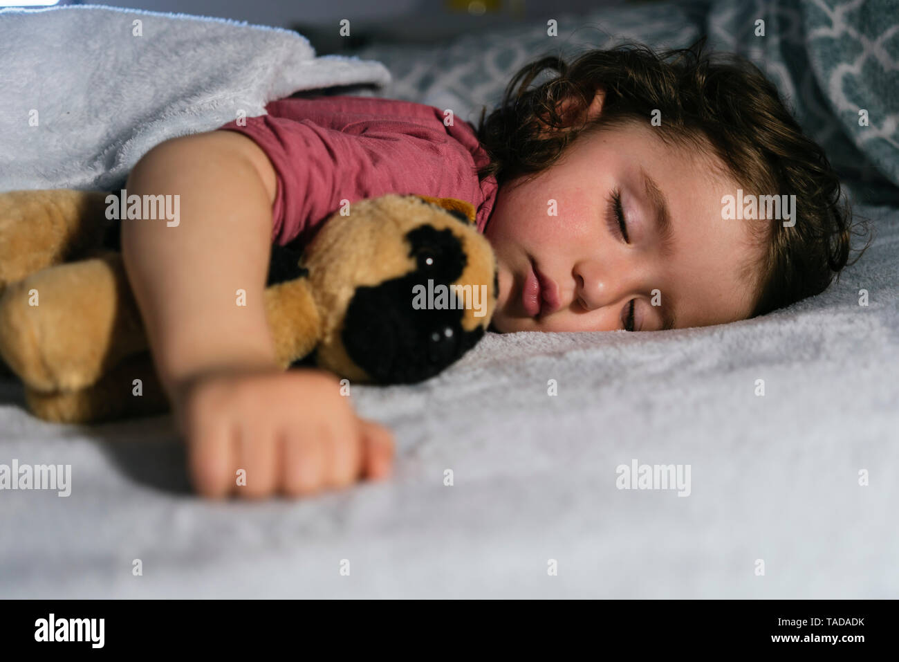 Portrait de bébé fille dormir dans le lit avec un soft toy dog Banque D'Images