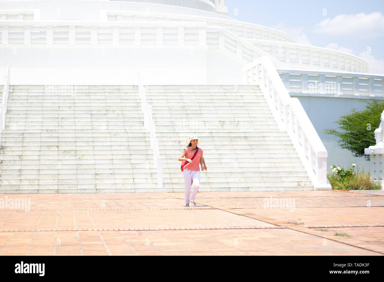 Exécution de tourisme en face de temple bouddhiste à Lumbini en raison de l'incendie à l'étage de la Pagode de la paix mondiale. Banque D'Images