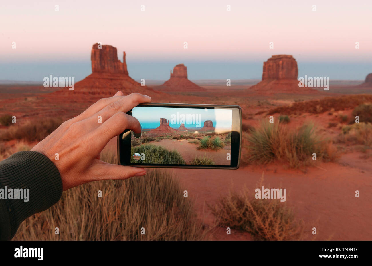 USA, Utah, Monument Valley au coucher du soleil, woman's hand taking a photo avec mobile Banque D'Images
