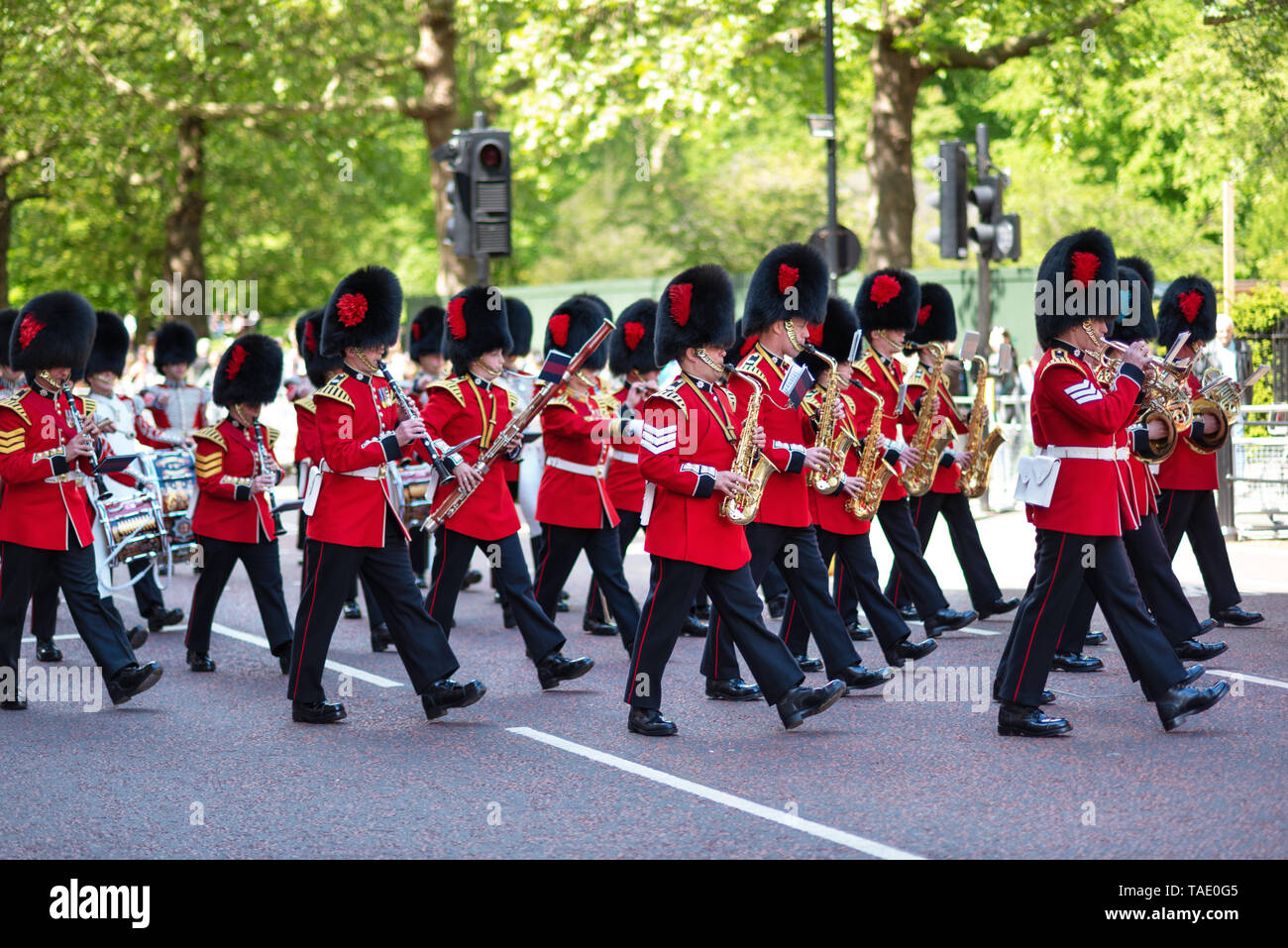 Londres, Royaume-Uni - 12 mai 2019 : la marche des gardes royaux traditionnels lors de la relève de la Garde cérémonie au Palais de Buckingham à Londres, Royaume-Uni. Les trompettistes de la Garde royale . Banque D'Images