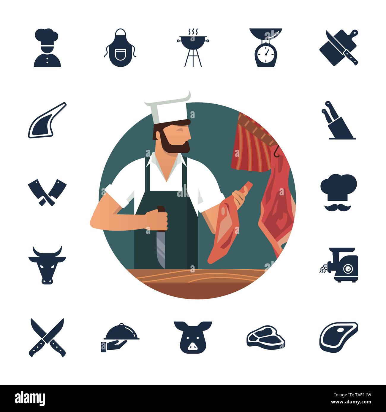 Vector illustration logo pour boucherie avec les bouchers barbu au travail plus ensemble de télévision d'icônes. Illustration de Vecteur