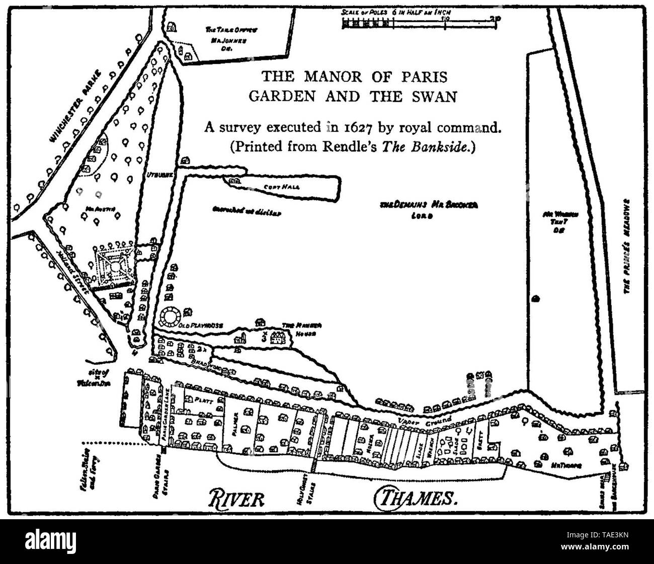 Le Manoir de Paris Jardins, Bankside, montrant l'emplacement de la Swan Banque D'Images