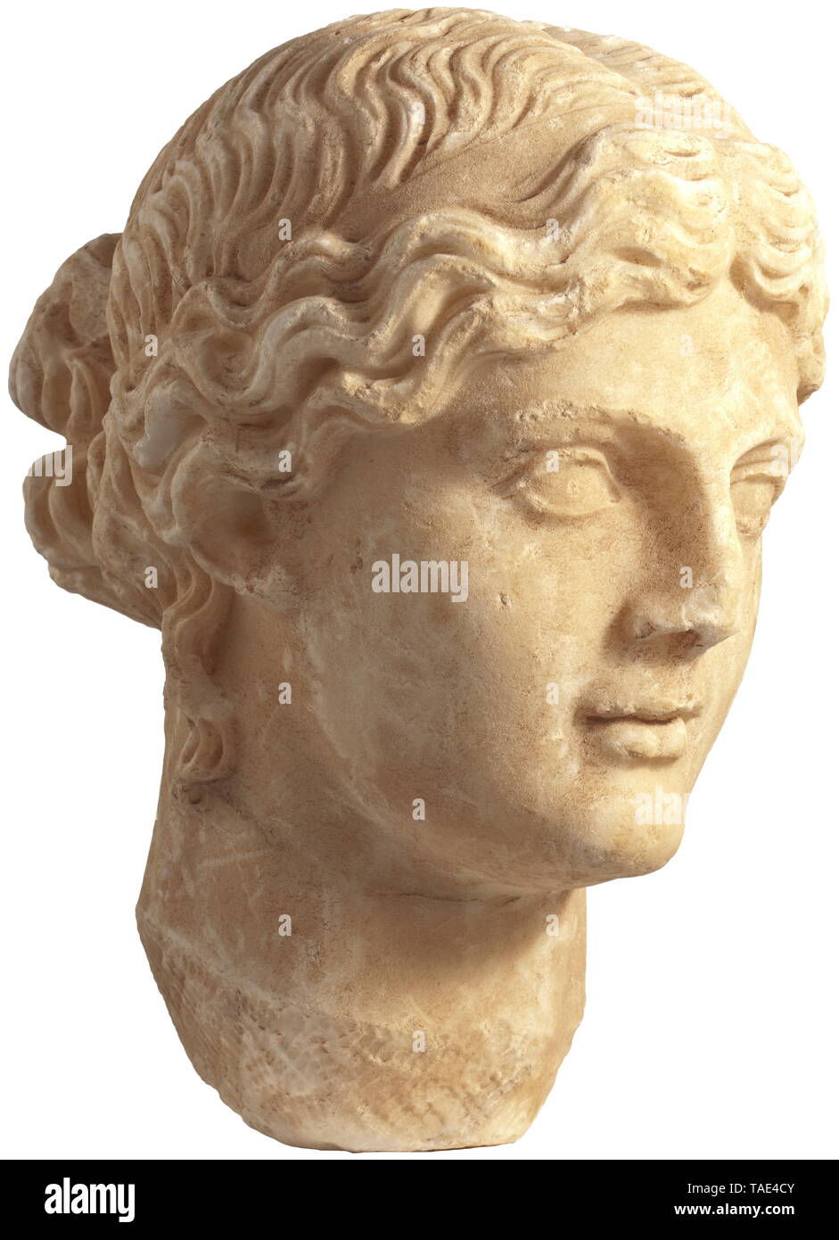 Une femme chef hellénistique - une belle copie à partir du 19e siècle d'après des modèles grecs femme chef (Aphrodite ?) avec séparation centrale des cheveux qui est fixé directement au-dessus du front par un bandeau. La chevelure ondulée au-dessous de l'arceau arrière peignés et attaché à un noeud à l'arrière de la tête. La représentation du mal résolu bandeau à l'arrière de la tête. Ce détail et les contours nets de la glabelle (le pont entre les arcs orbitaux et le nez) ainsi que le traitement du cou indiquent que la sculpture à l'Additional-Rights Clearance-Info, main--Not-Available Banque D'Images