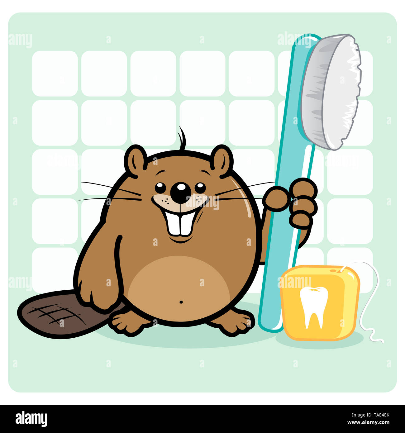 Hygiène dentaire pour enfants. Castor de dessin animé avec des dents propres tenant une brosse à dents et un fil dentaire. Médecin dentiste castor. Banque D'Images