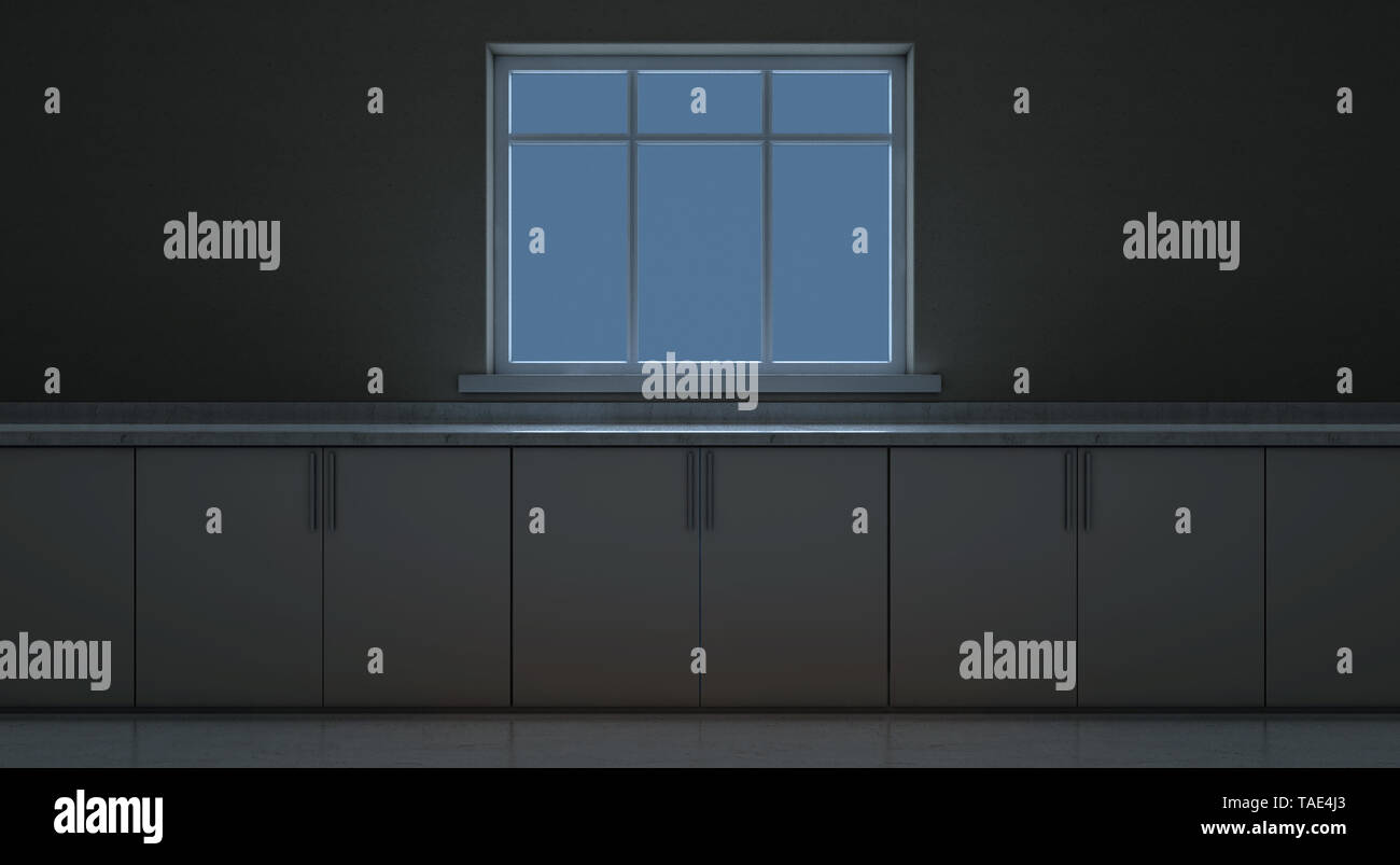 Une vue rapprochée d'un comptoir de cuisine vide face à une fenêtre à l'extérieur dans la nuit - 3D render Banque D'Images