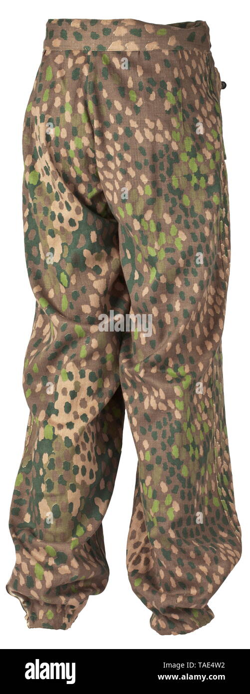 Une paire de pantalons de camouflage M 44 à la question des vêtements spéciaux pour les formations de Panzers SS depot morceau percer le tissu, un côté imprimé à motif camouflage avec pois feuille plastique et boutons métalliques. Taille arrondie avec ceinture cousue sur le côté droit, sur la gauche une extension de taille avec ceinture avec bouton de fermeture. Couverts fly, fob intégré poche, deux poches à l'avant incliné avec rabats de fermeture et d'un seul bouton de fermeture, en forme de bandes de fixation avec les bornes de la jambe. La coque interne effectués à partir de la base avec de l'estampage, la taille des sacs de poche en tissu de coton blanc. Très rare trouse, Editorial-Use-seulement Banque D'Images