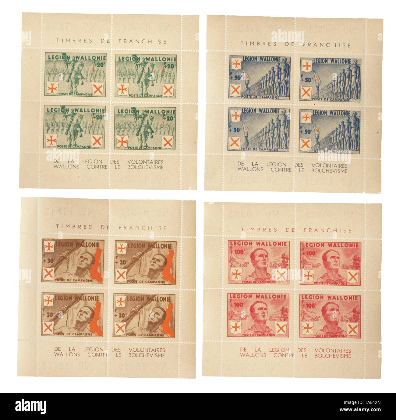 Une collection de timbres postaux et sur le terrain pour des légionnaires la Waffen-SS, Wehrmacht menthe. Belgique : stamps I - IV (Michel Nr.) de la Légion Flamande, une gamme complète des célibataires set et encore comme un mini-feuilles, stamps V - VIII dans un ensemble complet de mini feuilles, comme je l'- 20e siècle, Editorial-Use-seulement Banque D'Images