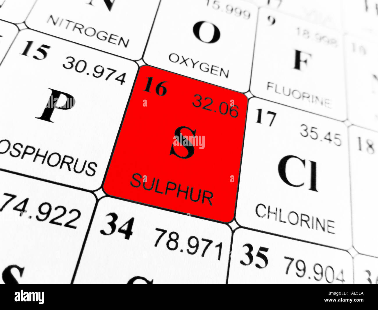 Teneur en soufre sur le tableau périodique des éléments Banque D'Images