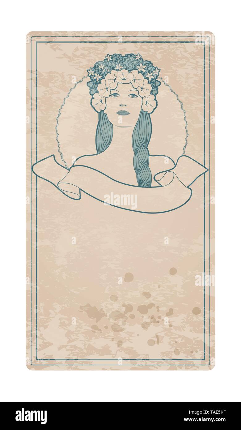 Personnes âgées et rétro vitrail label avec jolie fille ornée de fleurs et de bannière de texte vide. Style Vintage Illustration de Vecteur