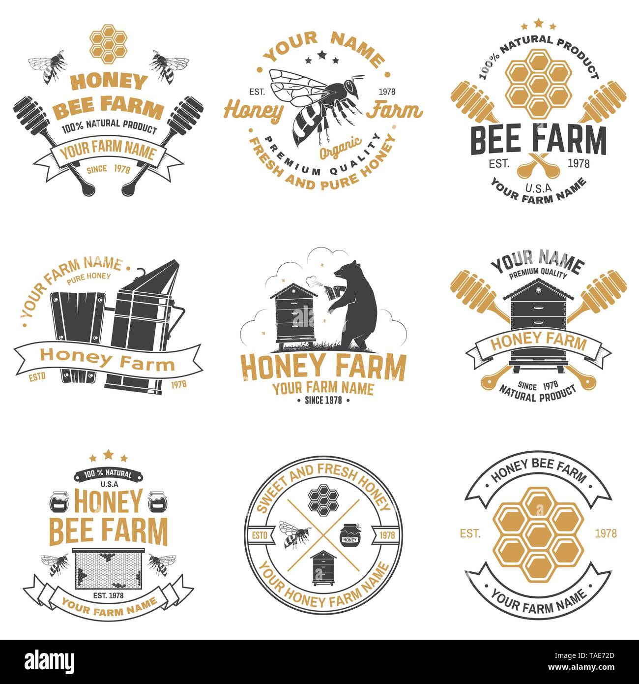 Jeu de ferme d'abeilles badge. Vecteur. Concept pour chemise, imprimer, stamp ou tee. Typographie vintage avec conception en nid d'abeille, la ruche et le miel, balancier à l'ossature. Pour la conception de l'entreprise agricole de l'abeille Illustration de Vecteur