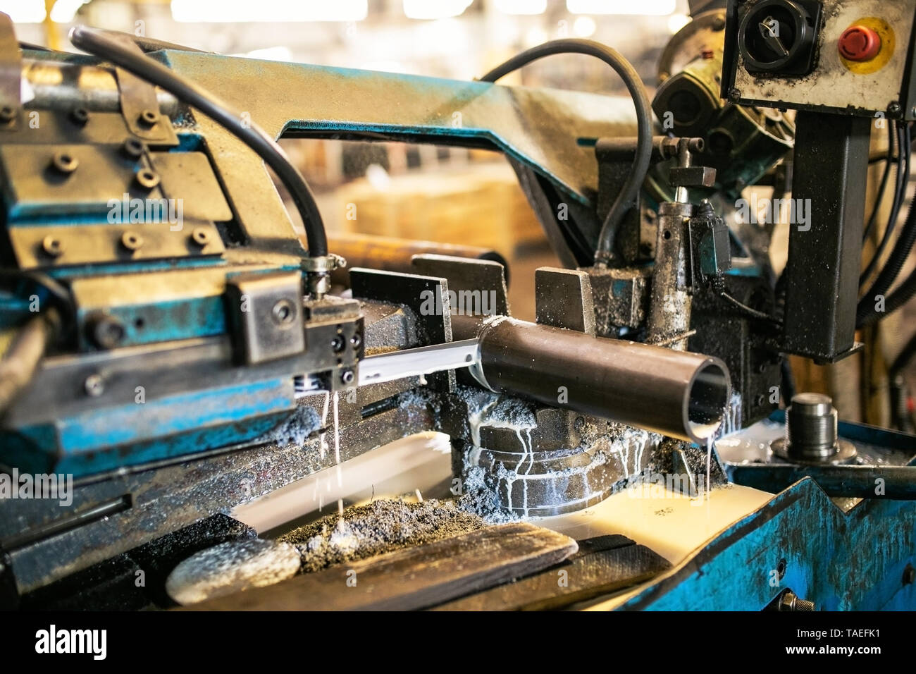 Scie à ruban automatique de coupe des tiges d'acier brut de la machine. La  coupe des métaux bruts avec les tiges du liquide de refroidissement.Le  sciage industriel machi Photo Stock - Alamy