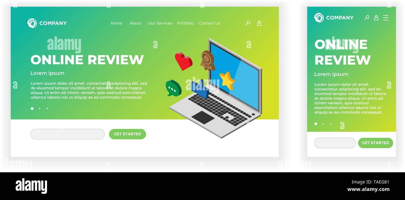 Landing page web concept design modèle. Revue en ligne thème. Appareil portable 3d avec estimation de rétroaction signes - thumb up, coeur, message, star. Mobile Illustration de Vecteur