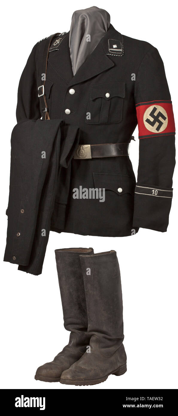 Un service uniforme pour un SS-Scharführer SS-Fußstandarte en 45 à Oppeln  achat privé Service pièces 32 M tunique en laine noire avec boutons à grain  fin d'argent, noir-argent tresse collier en coton