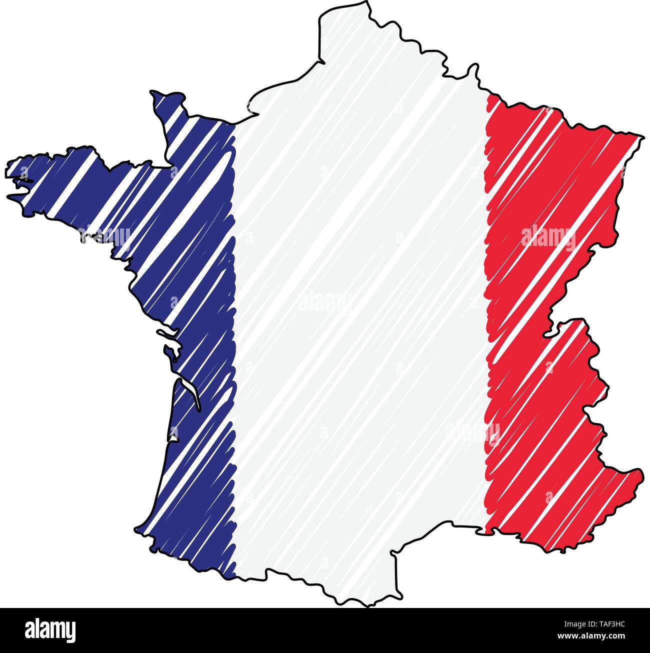 France hand croquis. Concept illustration vectorielle, drapeau, dessin pour enfants scribble map. Carte du pays pour l'infographie, brochures et Illustration de Vecteur