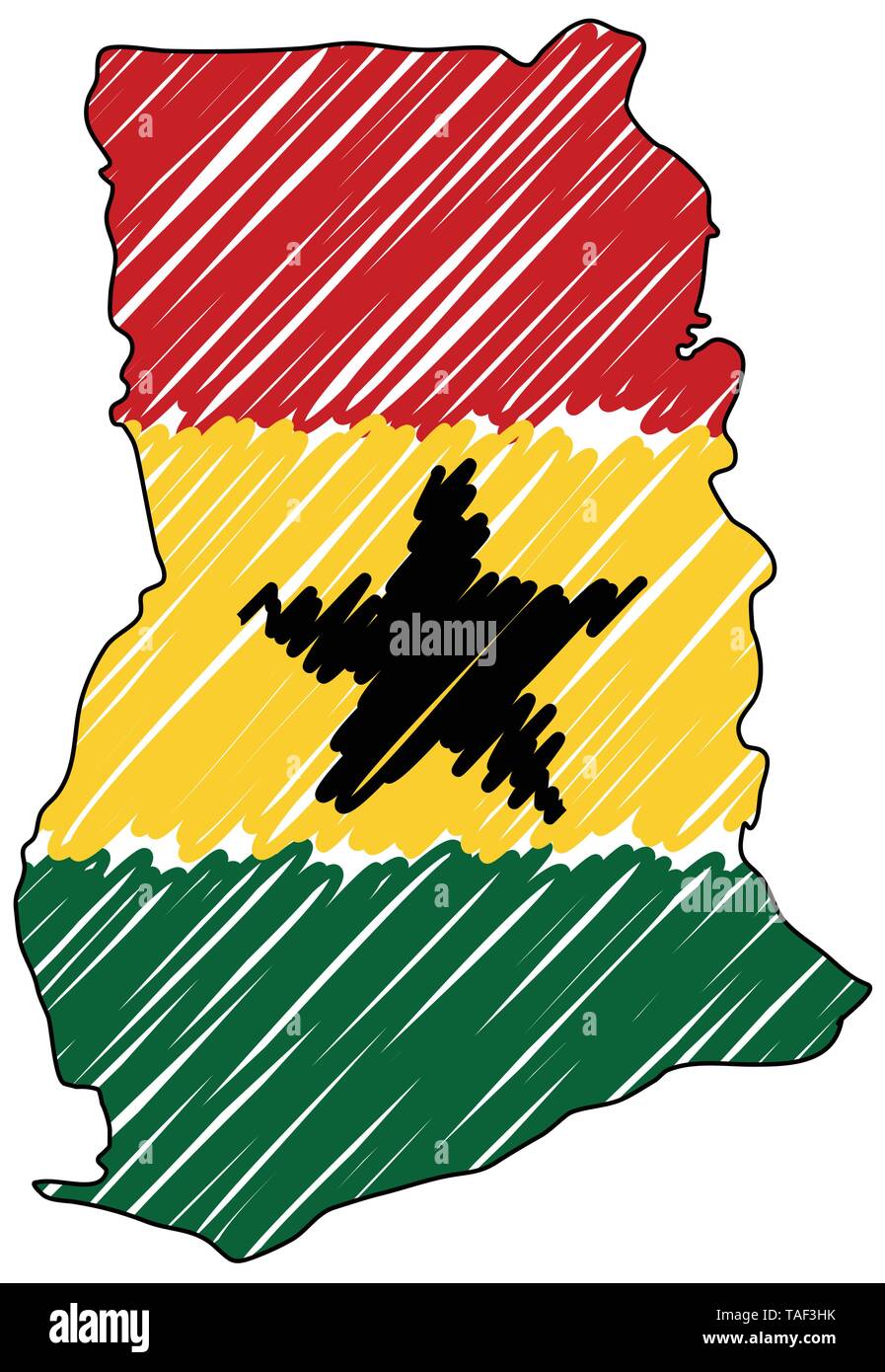 Ghana site esquisse dessinée à la main. Concept illustration vectorielle, drapeau, dessin pour enfants scribble map. Carte du pays pour l'infographie, brochures et Illustration de Vecteur