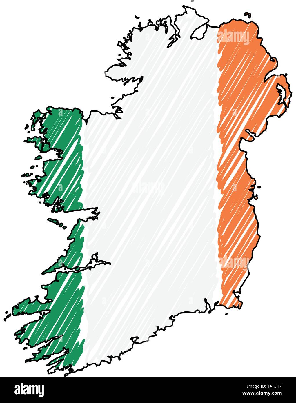 Carte d'Irlande esquisse dessinée à la main. Concept illustration vectorielle, drapeau, dessin pour enfants scribble map. Carte du pays pour l'infographie, brochures et Illustration de Vecteur