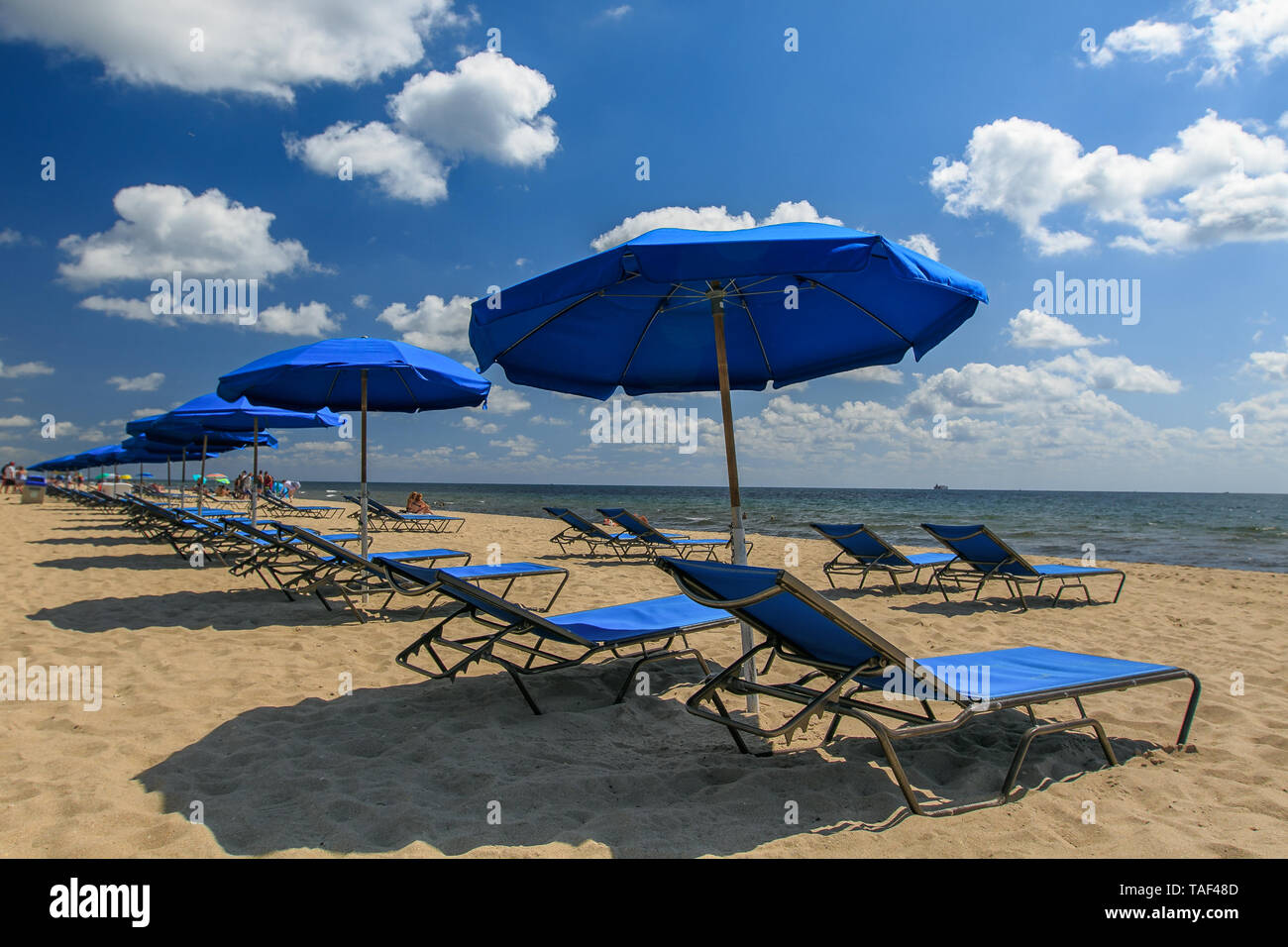 Des parasols et des chaises de bronzage bleu installé sur la plage. Banque D'Images