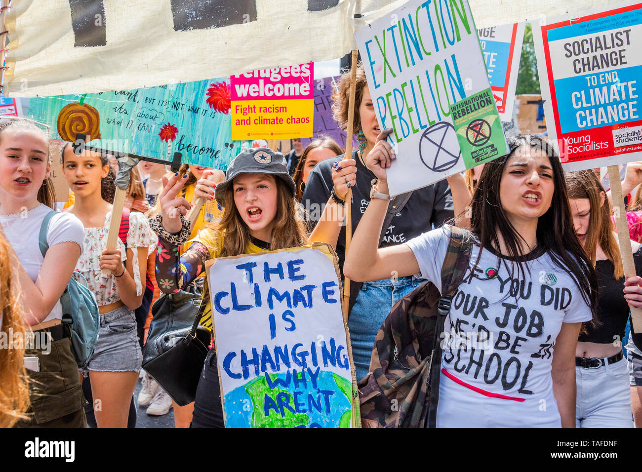 Londres, Royaume-Uni. 24 mai, 2019. Les enfants et les jeunes de l'école rendez-vous sur strke une fois de plus pour réclamer des mesures sur le changement climatique et comment il peut affecter leur avenir. Ils se réunissent à la place du Parlement et de Westminster ronde mars puis, s'arrêtant à la Dept de l'Education, de Downing Street et Trafalgar Square. Crédit : Guy Bell/Alamy Live News Banque D'Images