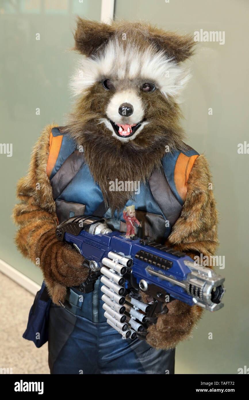 Londres, Royaume-Uni. 25 mai 2019. Roquette de gardiens de la galaxie à la MCM London Comic Con à Excel à Londres. Crédit : Paul Brown/Alamy Live News Banque D'Images