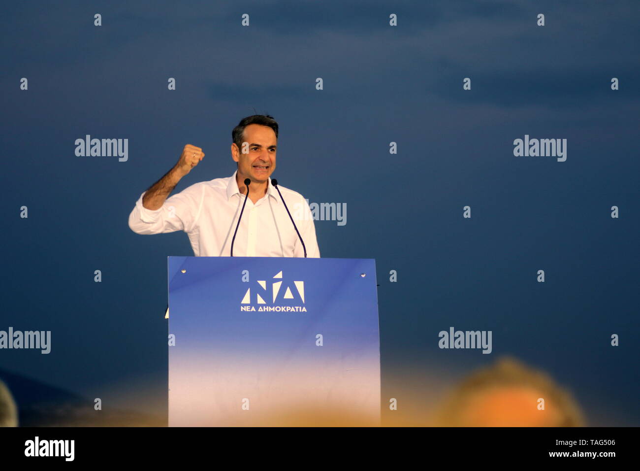 Thessalonique, Grèce. Rt 24 mai 2019. L'opposition principale grec Nouvelle Démocratie chef Kyriakos Mitsotakis prononce un discours un jour d'avance sur le local Grec et aux élections du Parlement européen. La Grèce va organiser des élections locales en même temps que les élections du Parlement européen le 26 mai, suivie d'élections générales prévues en octobre 2019. Crédit photo : Orhan Tsolak / Alamy Live News Banque D'Images