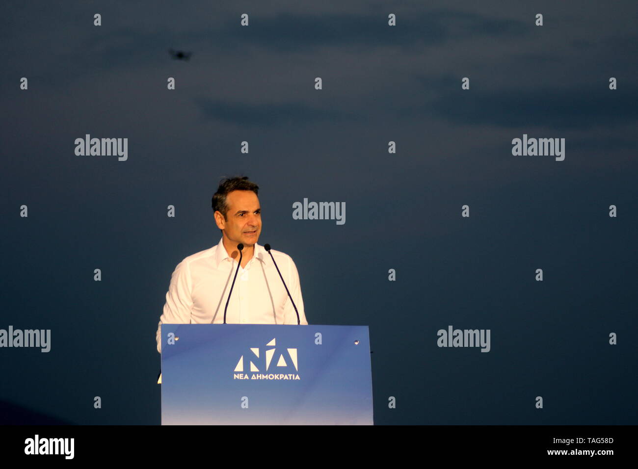 Thessalonique, Grèce. Rt 24 mai 2019. L'opposition principale grec Nouvelle Démocratie chef Kyriakos Mitsotakis prononce un discours un jour d'avance sur le local Grec et aux élections du Parlement européen. La Grèce va organiser des élections locales en même temps que les élections du Parlement européen le 26 mai, suivie d'élections générales prévues en octobre 2019. Crédit photo : Orhan Tsolak / Alamy Live News Banque D'Images
