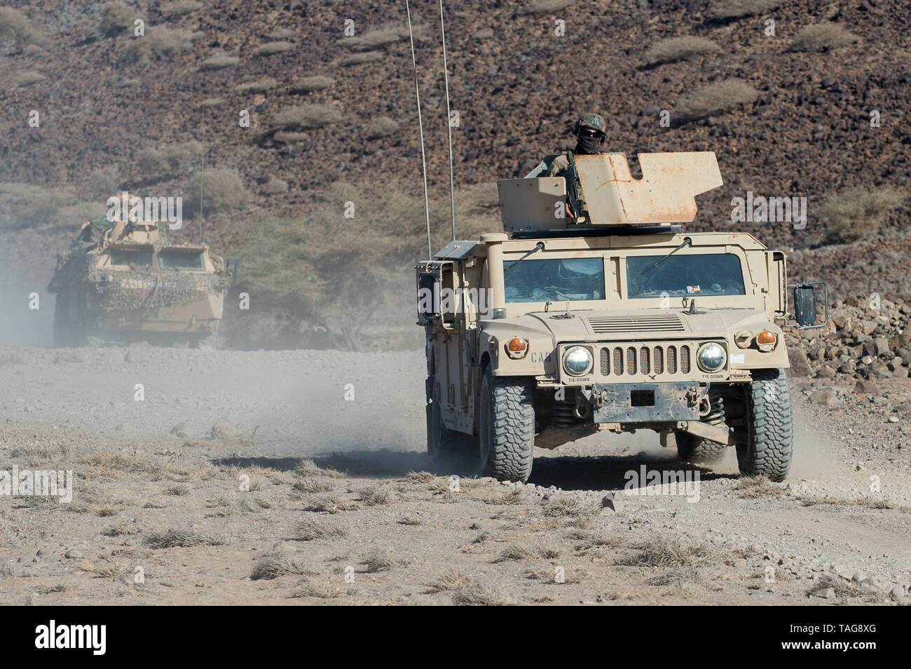 Les soldats de l'Armée américaine affecté à Combined Joint Task Force-Horn of Africa et les soldats de l'armée française un entraînement et un Humvee américain d'avant-garde blindée française véhicule lors d'un désert français Cours Commando à Arta (Djibouti), le 15 mai 2019. Le cours de six jours était composé de trois exercices d'une durée de deux jours chacun dans la formation de l'entreprise d'exécution, du peloton d'exécution de la formation et de vivre des scénarios d'incendie. (Avec la permission de la photo) Banque D'Images