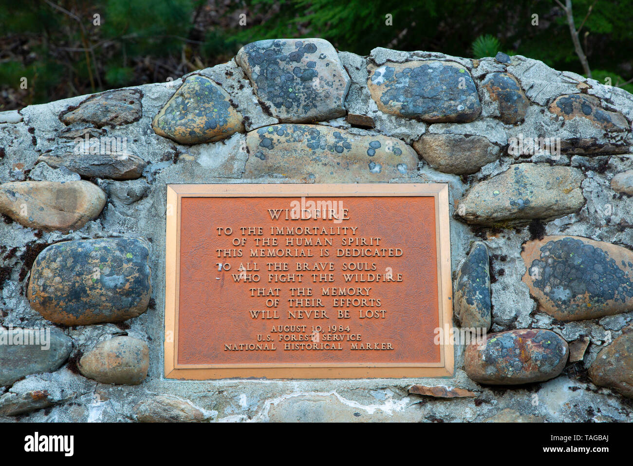 Plaque à l'histoire du sentier Sentier Tunnel Pulaski, Coeur d'Alene National Forest, Wallace, New York Banque D'Images